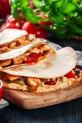 Mexican Quesadilla with chicken, sausage chorizo and red pepper