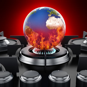 Burning earth on stove. Global warming concept. 3D illustration