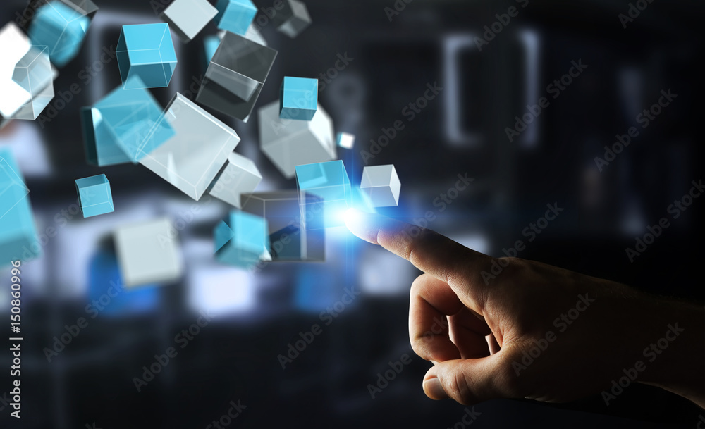 Fototapete businessman touching floating blue shiny cube network 3d rendering
