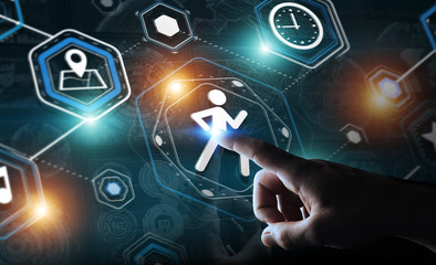 Young man using running application to check his performances 3D rendering