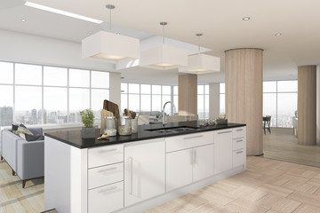 3d rendering kitchen bar with accessory near living room