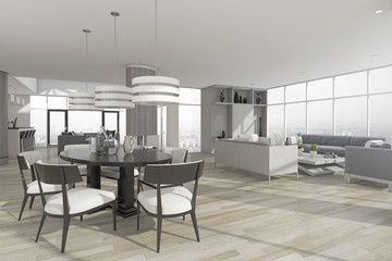 3d rendering dining zone with table and chair near set of sofa in living room