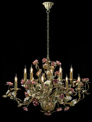 Chandelier classic bronze with curly lampshades flowers and gold leaves.