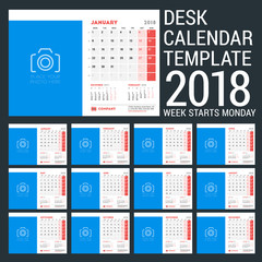 Desk Calendar Design Template for 2018 Year. Place for Photo. Week starts on Monday. Vector Illustration