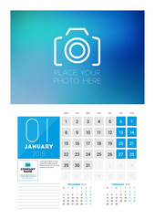 Wall Calendar Template for 2018 Year. January. Vector Design Print Template with Place for Photo. Week starts on Monday