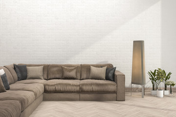 3d rendering retro brown sofa in minimal living room with brick wall