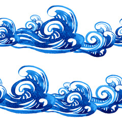 Endless watercolor background, seamless pattern with swirls and waves of the sea.