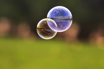 two bright bubble with shiny reflections on the background of green meadows