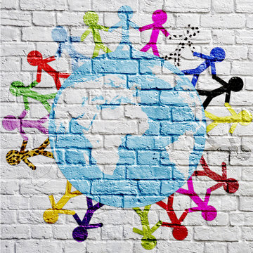 graffiti kids around the earth on a brick wall