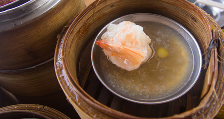 Dim sum in bamboo steamer- Chinese cuisine