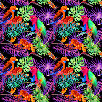 Tropical leaves and exotic flowers in neon light. Seamless unique pattern. Water color