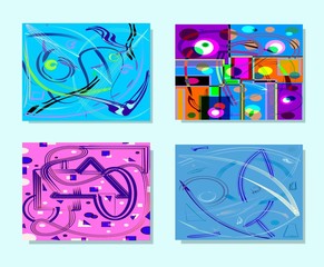 Set of 4 horizontal, abstract, seamless pattern , blue pink backgrounds