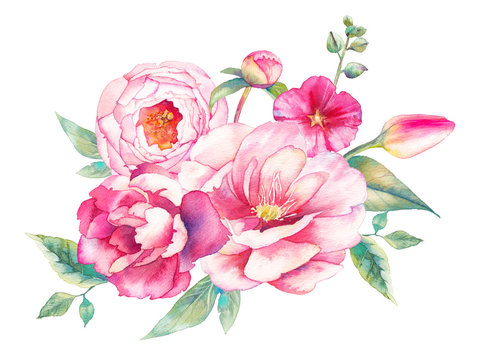 Watercolor bouquet of flowers. Hand painted colorful floral composition isolated on white background. Vintage style peonies, rose, tulip and leaves posy.