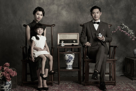 Retro styled portrait of family