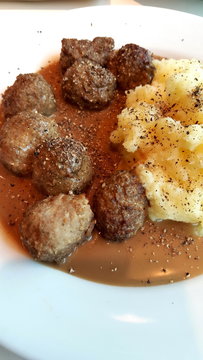 Swedish meatballs with mash potato and gravy in IKEA
