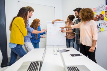 Executives discussing over flip chart board 