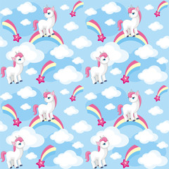Fairy children seamless pattern with the image of cute unicorns. Colorful vector background