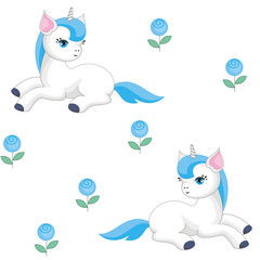 Fairy children seamless pattern with the image of cute unicorns. Colorful vector background