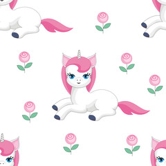 Fairy children seamless pattern with the image of cute unicorns. Colorful vector background