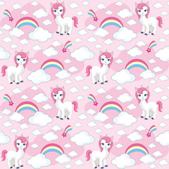 Fairy children seamless pattern with the image of cute unicorns. Colorful vector background