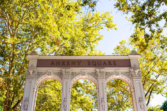 Old Historic Ankeny Square arch in the pearl district of Portland, oregon state, united states of america