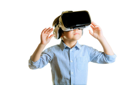Children experiencing virtual reality isolated on white background. Surprised little boy looking in VR glasses.