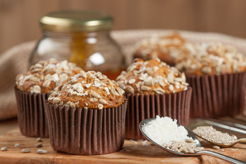 Home Baked Superfood Muffins With Chia Seeds, Banana, Honey, Coconut, Oats.