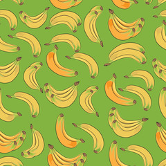 Bananas. Yellow fruits. Seamless vector pattern on green background. A tropical fruit. Design for printing on fabric or paper.