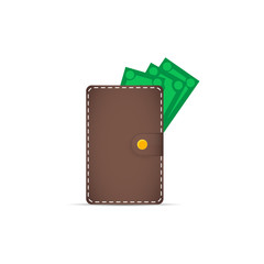 Brown wallet with money. Dollars stick out of the wallet