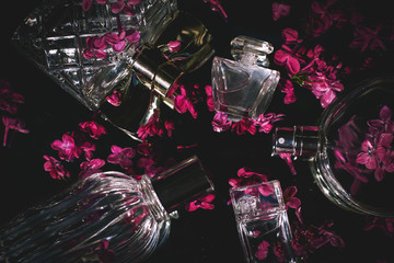 different female bottles of perfume with lilac flowers