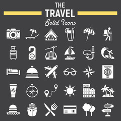 Travel solid icon set, tourism symbols collection, transportation vector sketches, logo illustrations, filled pictograms package isolated on black background, eps 10.