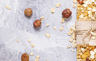 Muesli bar with nuts, top view