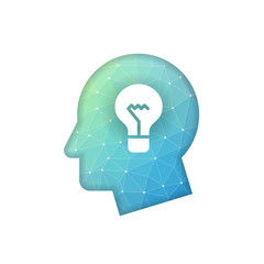 Vector innovation business symbol isolated on light background. Head made from colorful low polygonal pieces.