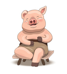 Obraz na płótnie Canvas Cute cartoon little pig character sitting and laughing