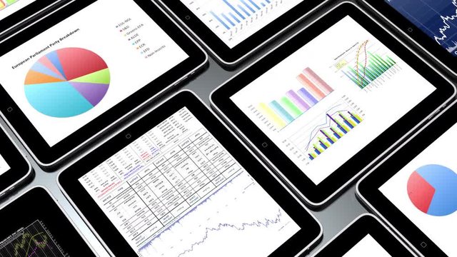 4k Mobile devices,finance pie charts & stock trend diagrams in the ipad.