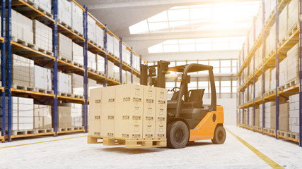 Warenlager in Lagerhalle mit Gabelstapler