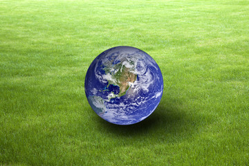 Fototapeta na wymiar Planet Earth on green grass. Earth Day concept. Earth image provided by Nasa.