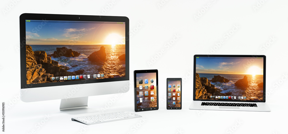 Poster Modern white desk interior with computer and devices 3D rendering