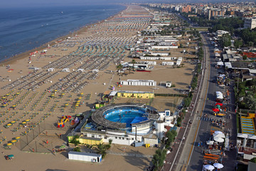 beach Rimini Adriatic sea summer season Italy aerial view - obrazy, fototapety, plakaty
