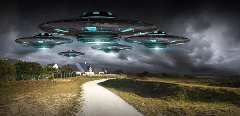 UFO-invasie op planeet aarde landschap 3D-rendering