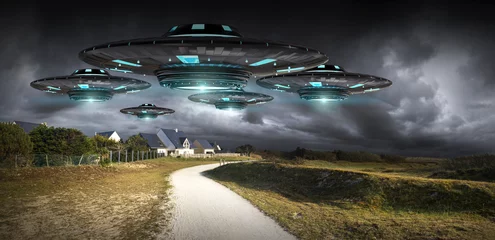 Fotobehang UFO UFO-invasie op planeet aarde landschap 3D-rendering