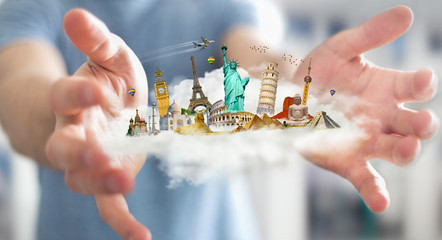 Businessman holding a cloud full of famous monuments in his hands 3D rendering