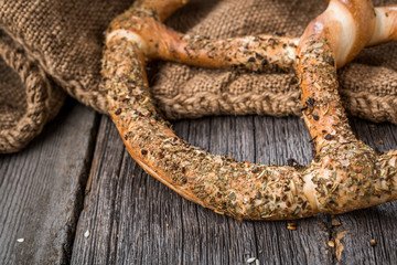 German pretzels on wooden table