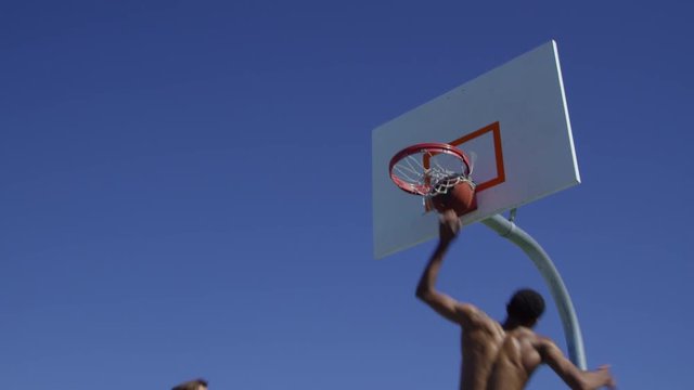 Slam dunk over defender in slow motion