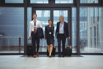 Businesspeople walking together with luggage