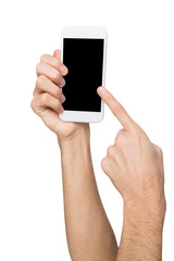 Male hands pointing on blank mobile phone screen