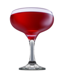 fresh fruit alcohol cocktail or mocktail in margarita glass with red beverage isolated on white background