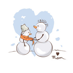 Postcards for mother's day or Christmas / Caring mother snowman, She ties a scarf to her son, vector illustration.