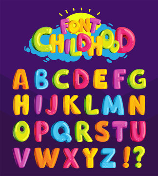 Children's font in the cartoon style of "childhood." Set of multicolored bright letters for inscriptions. Vector illustration of an alphabet.