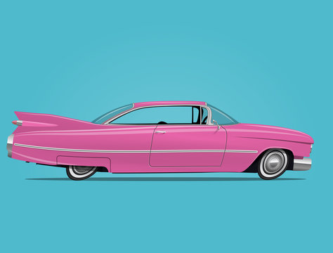 Cartoon Styled Vector Illustration Of The Vintage Pink Car.